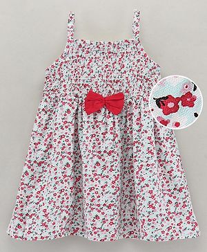 Babyhug Singlet Sleeves Rayon Twill Gathered Smocking Frock with Cotton Floral Print and Bow Applique - Red