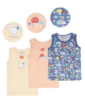Mi Arcus Baby Girl Cotton Sleeveless Mushroom Print Vests Pack of 3 Peach & Blue