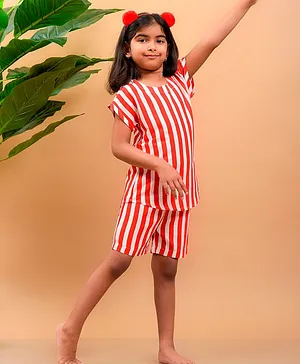 misbis Short Sleeves Striped Night Suit - Red