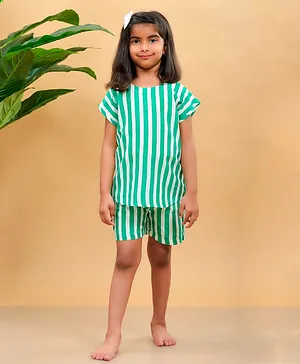 misbis Short Sleeves Striped Night Suit - Green