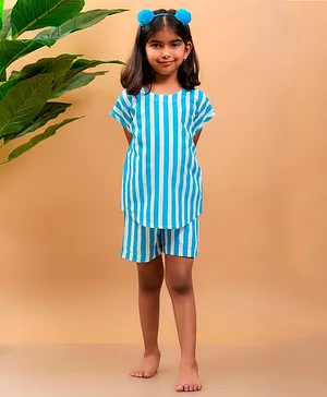 misbis Short Sleeves Striped Night Suit - Light Blue