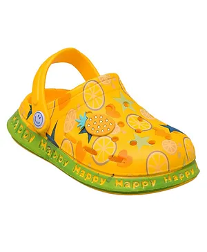 Yellow Bee All Over Stars & Fruits Printed Casual Wear Clogs - Yellow