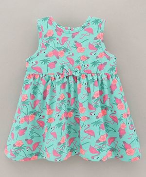 Babyhug Sleeveless 100% Cotton Frock Flamingo Print - Mint