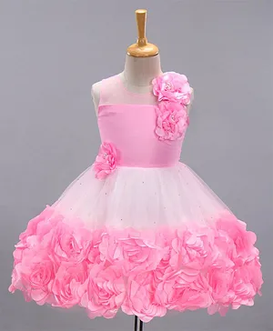 Enfance Sleeveless Ruffled Floral Applique Dress - Pink
