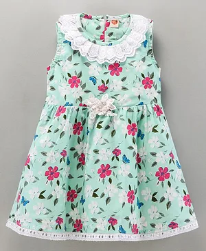 Dew Drops Sleeveless Frock Floral Print With Lace & Corsage Detailing - Aqua