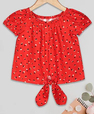 Budding Bees Short Sleeves Floral Print Top - Red