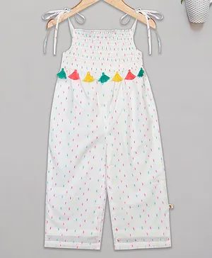 Budding Bees Sleeveless Embroidered And Smocked Detail Jumpsuit - White