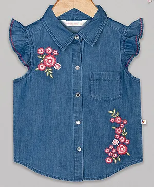Budding Bees Cap Sleeves Embroidered Denim Top - Blue
