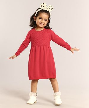 Babyhug Cotton Knit Full Sleeves Solid Woolen Dress - Red