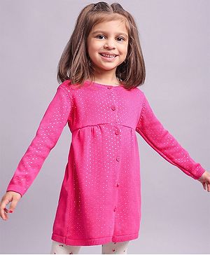 Babyhug Cotton Knit Full Sleeves Dots Printed Woollen Dress - Pink