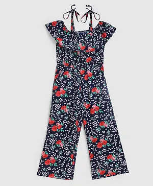 KIDSCRAFT Floral Print Cold Shoulder Sleeves With Shoulder Straps Jumpsuit - Navy Blue