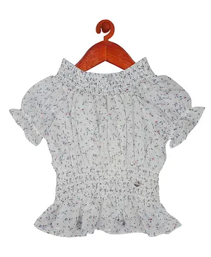 Tiny Girl Puff Sleeves Floral Print Smocked Detail Top -White