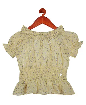 Tiny Girl Puff Sleeves Floral Print Smocked Detail Top-Yellow