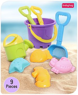 Babyhug 9 Psc Beach Toys for Toddlers | Durable Sand Kit Play Set with Bucket, Shovels & Molds | Outdoor Summer Fun & Creative Play | Perfect for Beach & Gardening | Multicolor | BIS Certified