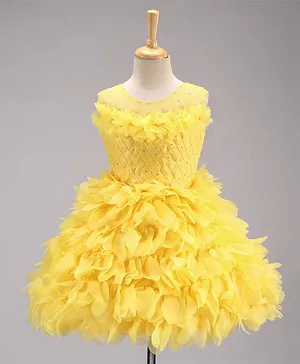 Enfance Sleeveless Ruffled Flowers Tutu Lace Embellished Dress - Yellow