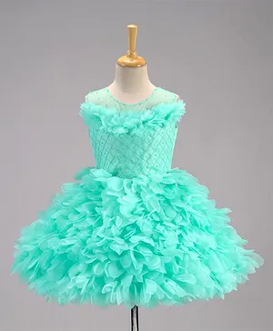 Enfance Sleeveless Ruffled Flowers Tutu Lace Embellished Dress - Blue
