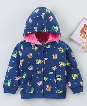 Babyhug Cotton Knit Full Sleeves Hooded Jacket Floral Print - Blue