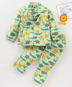 Babyhug Full Sleeves Night Suit Animals Print - Green