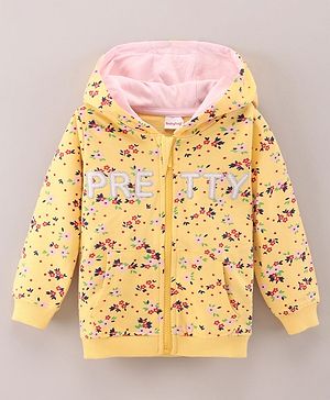 Babyhug Full Sleeves Hooded Sweat Jacket Floral Print & Applique - Yellow