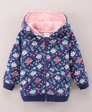 Babyhug Full Sleeves Hooded Jacket Floral Print - Navy