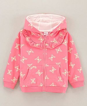 Babyhug Full Sleeves Cotton Knit Hooded Jacket Butterfly Print - Peach