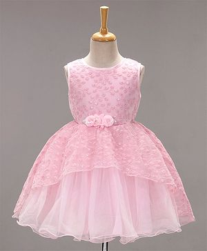 Babyhug Woven Sleeveless Asymmetrical Party Frock Floral Embroidered - Pink