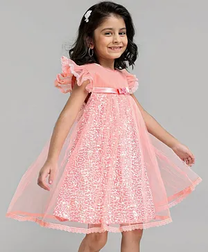 Babyhug Flutter Sleeves Party Wear Sequined Frock - Peach