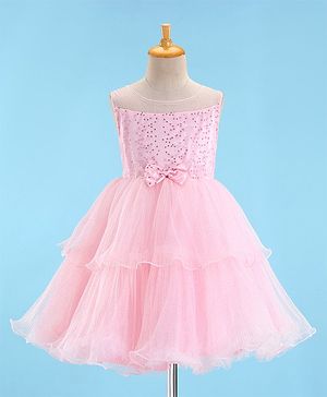 Babyhug Sleeveless Sequinned Party Wear Layered Frock Bow Applique- Pink