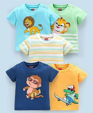 Babyhug Cotton Half Sleeves T-Shirts Wild Animal Print Pack of 5 - Blue & Orange