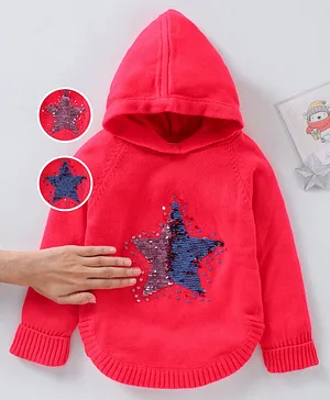 Babyhug Full Sleeves Hooded Sweater Reversible Sequinned Star Design - Pink