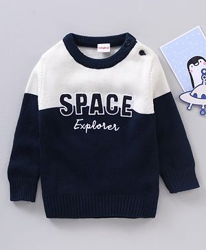 Babyhug Full Sleeves Knit Pullover Text Embroidery - Navy Blue White