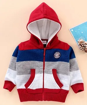 Babyhug Acrylic Knit Full Sleeves Stripes Hooded Sweater - Red Blue