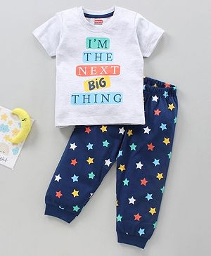 Babyhug Cotton Half Sleeves Night Suit Text & Stars Print- White & Blue