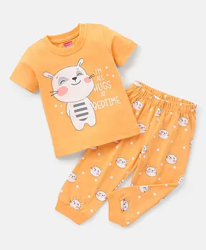 Babyhug Cotton Knit Half Sleeves Night Suit Bear Print - Orange
