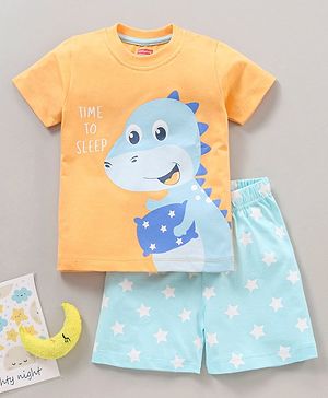 Babyhug Cotton Half Sleeves Shorts Set Dino Print - Orange Blue