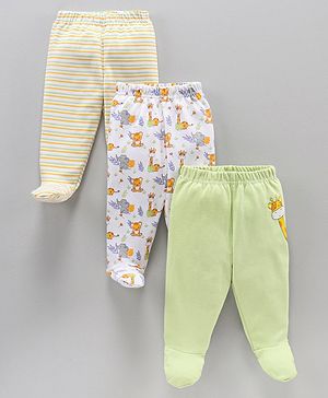 Babyhug Cotton Knit Full Length Animal Printed & Striped Bootie Pant Pack Of 3 - Multicolour