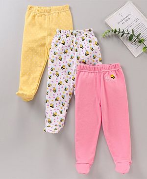 Babyhug Cotton Full Length Booties Leggings Printed Pack of 3 - Pink Yellow & White