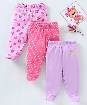Babyhug Bootie Leggings Floral & Bear Print Pack of 3 - Pink & Purple
