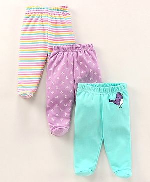Babyhug Cotton Knit Bootie Leggings Striped Pack Of 3 - Blue