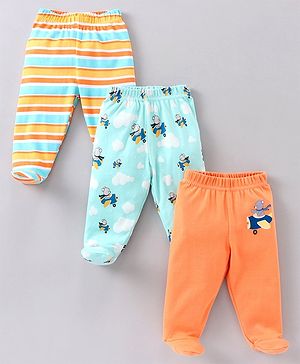 Babyhug Cotton Knit Striped & Bear Printed Bootie Leggings Pack of 3 - Multicolour
