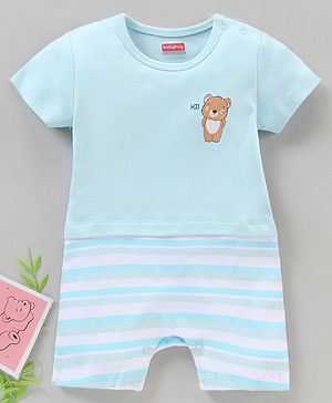 Babyhug 100% Cotton Half Sleeves Romper Bear & Stripes Print- Blue