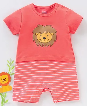 Babyhug 100% Cotton Half Sleeves Romper Lion & Stripes Print- Orange