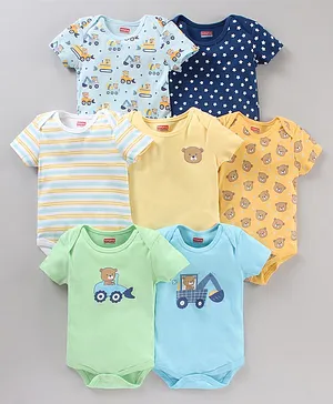 Babyhug 100% Cotton Half Sleeves Stripes & Multi Print Onesies Pack of 7 - Multicolor