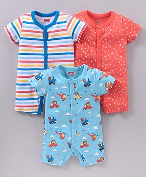 Babyhug 100% Cotton Half Sleeves Romper Multiprint Pack Of 3 - Multicolor