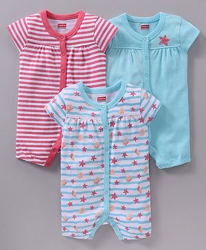 Babyhug 100% Cotton Knit Cap Sleeves Rompers Pack of 3 Stripes & Sea Life Print - Multicolour