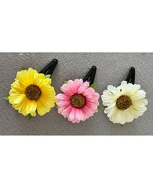 Kalacaree Set Of 3 Designer Flower Tic Tac Hair Clips - Yellow Pink  White