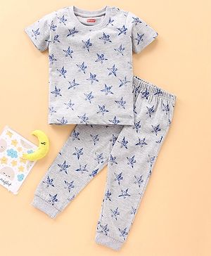Babyhug Half Sleeves T-Shirt & Pyjama Star Print - Grey
