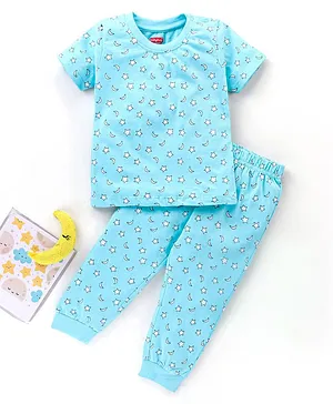 Babyhug Half Sleeves Cotton Night Suit Moon and Star Print - Blue