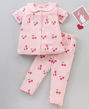Babyhug Half Sleeves Cotton Night Suit Cherry Print- Pink