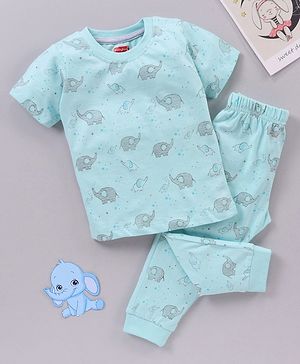 Babyhug Half Sleeves T-Shirt & Pyjama Set Elephant Print - Mint